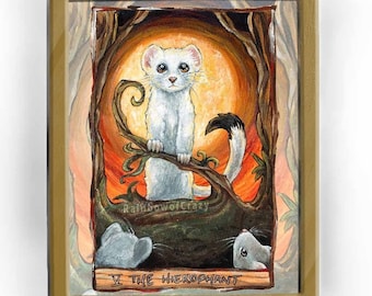 Ferret Art Print, White Stoat, Hierophant Tarot Card, Pet Decor, Weasel Print, Orange Sky, Animism Tarot Deck