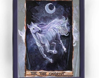 White Horse Print, Crescent Moon, Chariot Tarot Card, Equine Decor, Purple Night Sky, Running Horse, Animism Tarot Deck, Custom Size