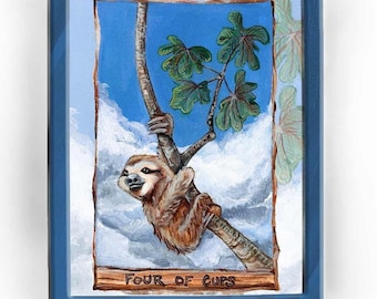 Sloth Print, Zoo Animal Art, Four of Cups Card, Animism Tarot, Cecropia Tree, Wildlife Artwork, Tarot Reader Gift, Nature Lover