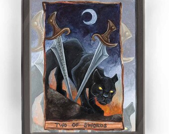 Black Panther Art, Any Size Print, Big Cat Decor, Crescent Moon, Sunrise Sunset, Two of Swords Tarot Card, Animism Tarot Deck