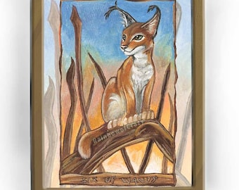 Caracal print, big cat art, sunset artwork, animal illustration, wildlife gift for nature lover, six of wands card, animism tarot deck