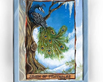 Peacock Print, Bird Art, Rustic Decor, Custom Size, Seven of Pentacles Tarot Card, Winter Illustration, Animal Lover Gift, Animism Deck