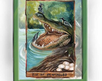 Alligator Print, Plover Bird Art, Six of Pentacles Card, Animism Tarot, Nature Artwork, Wildlife Gift for Tarot Reader, Fortune Teller