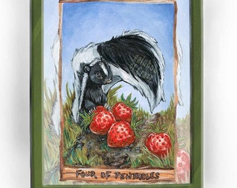 Skunk Art, Strawberry Print, Kitchen Decor, Four of Pentacles, Woodland Nursery Wall Art, Foodie Gift, Animal Lover, Animism Tarot