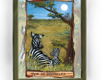 Baby Zebra Art, African Landscape, Ten of Pentacles Tarot Card, Animism Tarot Deck, Wildlife Decor, Large Art, Custom Print Size