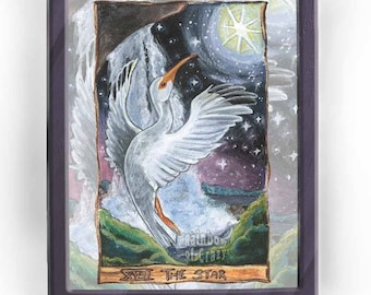 White Bird Print, Ibis Art, Star Tarot, Waterfall Decor, Spirit Animal, Night Sky, Wildlife Wall Art, Tarot Reader Gift, Animism Tarot