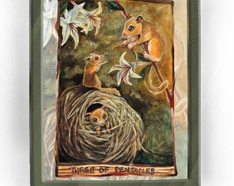 Dormouse print, mouse art, three of pentacles, woodland artwork, nature decor, flower garden, animal illustration, animism tarot deck