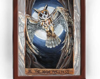 Striped Owl Print, Full Moon Art, High Priestess Tarot Card, Gift for Tarot Reader, Bird Lover