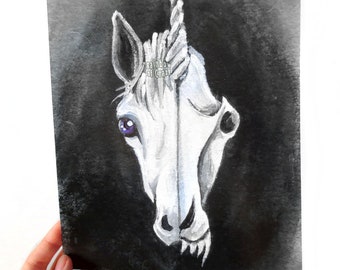 SALE: Unicorn Skull Print / MINOR DEFECT / 8x10 Animal Art, Gift for Fantasy Lover, Goth Decor, Gothic Artwork, White Horse Illustration