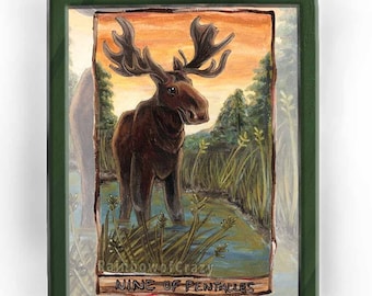 Moose Print, Woodland Art, Animism Tarot, Nine of Pentacles Card, Forest Artwork, Wildlife Gift for Nature Lover, Animal Symbolism