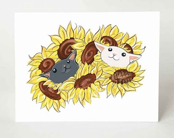 Cute Cat Card, Sunflower Lover, Blank Card, Personalize Message, for Pet Owner
