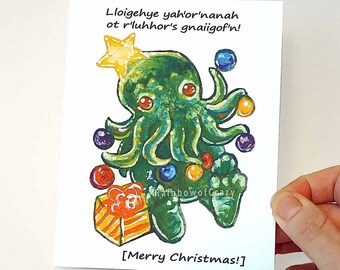 Cute Cthulhu Christmas Card HP Lovecraft Fantasy Art | Etsy