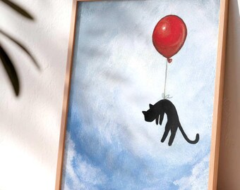 Black Cart Art Print, Balloon Nursery Decor, Whimsical Animal Art for Pet Owners