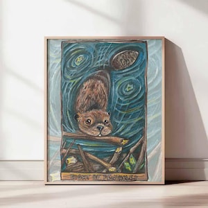 Lámina artística de Beaver Dam, carta del tarot Ocho de Pentáculos, decoración de la naturaleza y la fauna canadiense.