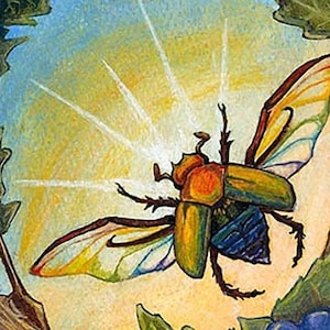 May include: A colorful illustration of the Ace of Pentacles tarot card. The card features a green and gold beetle with iridescent wings flying against a bright yellow background. The beetle is surrounded by green leaves and a blue sky. The text "Ace of Pentacles" is written at the bottom of the card.