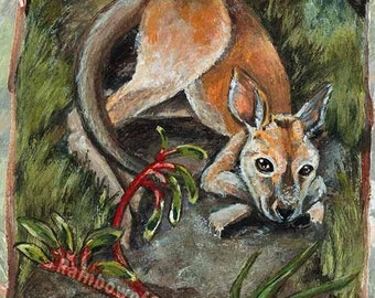 Kangaroo art, gift for family, animal print, two of pentacles card, animism tarot deck, kangaroo paw flower, mom and child, nature artwork