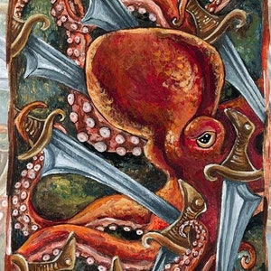 Impression de pieuvre géante, art de l'épée, cadeau tarot animisme pour amoureux des animaux, décor tentacule, carte des huit épées, thème nautique, oeuvre d'art nature