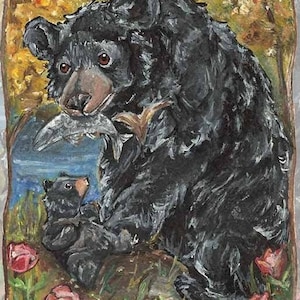 Black Bear Print, Wine Cup Flower Art, Nine of Cups Card, Animism Tarot Deck, Family Portrait, Mom & Baby, Tarot Reader Gift, Wildlife Decor image 1