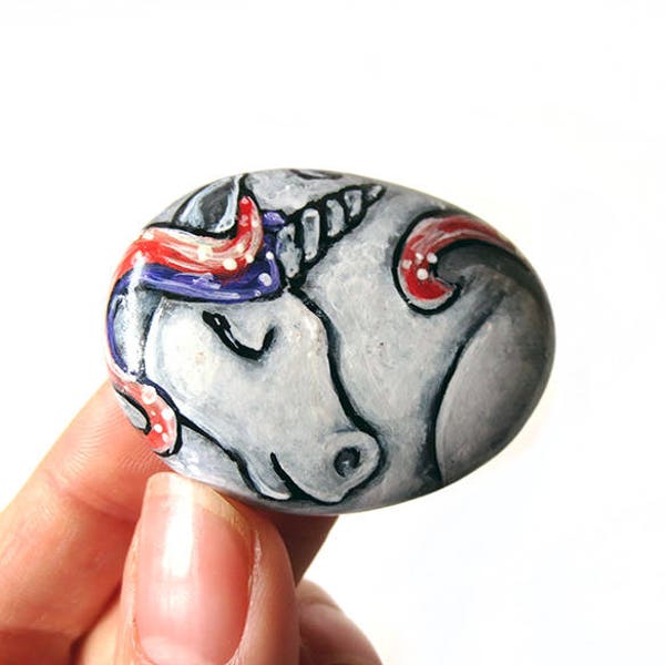 Unicorn Art, Gift for Girls, Hand Painted Pebble Stone, Beach Rock Art, White Horse Lover, Keepsake Gift, Animal Painting