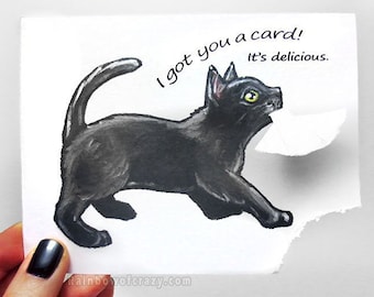 Funny card, black cat art, happy birthday pet owner, congratulations animal lover, witch greeting, custom message, best friend, Valentine