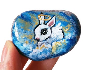 Hotot Rabbit Portrait, Angel Keepsake, Rock Art, Pet Memorial, Sympathy Gift for Kids, Beach Stone, Bunny Artwork, Blue Painting