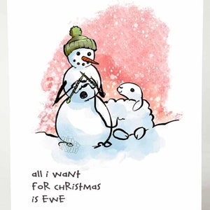 Carte de Noël, bonhomme de neige, amoureux des moutons, carte de tricot, pour tricoteurs, artisans, message calembour, tout ce que je veux, c'est vous, blague de brebis