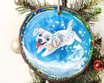 White dog ornament, shih tzu art, pet portrait, christmas tree decor, memorial gift for animal lover, puppy painting, new pet, snow decor