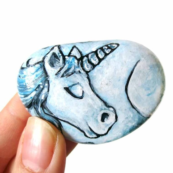 Unicorn Decor, Rock Art, Gift for Girls, Hand Painted Pebble Stone, Beach Stone, Blue White, Horse Lover, Keepsake Gift, Animal Painting