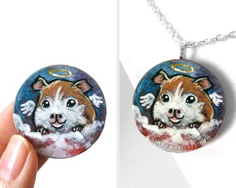 Guinea Pig necklace, pet portrait, angel keepsake, memorial gift for animal owner, hand painted wood painting, circle pendant