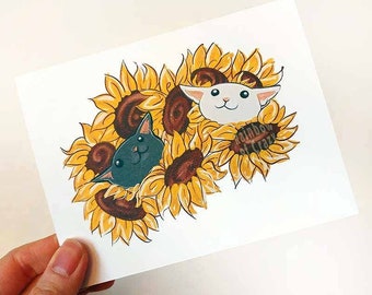 SALE: Sunflower Card, Cat Greeting, Garden Notecard for Pet Owner, Yellow Flower Note Card, Happy Birthday, New Pet, Thank You