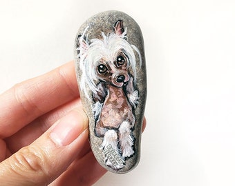 Chinese Crested Dog Painting, Pet Portrait, Hand Painted Rock Art, Unique Memorial Gift for Pet Owners, Animal Lovers