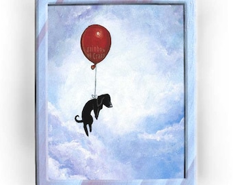 Black dog print, red balloon, nursery decor, kids room wall art, pet memorial gift for animal lovers, puppy owner, blue sky, dachshund love