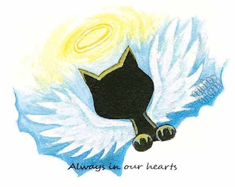 Sympathy Card, Black Cat Art Print, Pet Loss, Death of Pet, Angel Cat Card, Personalized Name, Custom Card, Blank Greeting Card