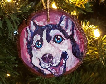 Dog ornament, husky portrait, pet painting, wood art, christmas tree decor, holiday decoration, sympathy gift for animal lover, smiling