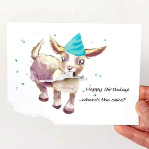 Carte d'anniversaire amusante, bébé chèvre, message personnalisé, carte de correspondance mignonne pour les enfants, art animalier de la ferme, agriculteur, amateur de gâteaux, joyeux anniversaire