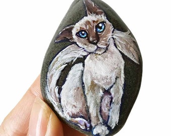 Cat Portrait, Rock Art, Javanese Cat Painting, Beach Stone, Pet Portrait, Keepsake Gift, Cat Memorial, Hand Painted, Cat Lover, Cat Owner