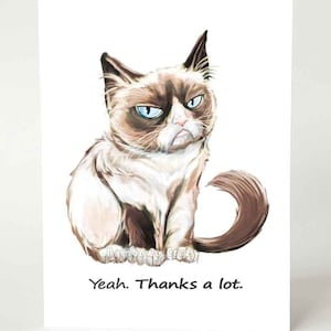 a greeting card featuring an illustration of a very grumpy brown and white cat with blue eyes. underneath the cat is the text, "Yeah. Thanks a lot."