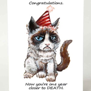Grump cat card, happy birthday, funny notecard, for pet owner, custom message, adult humor, congratulations, life and death, getting old