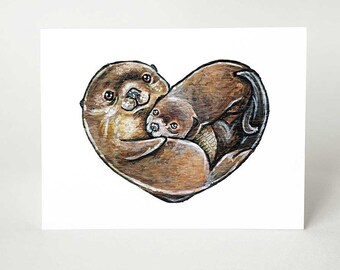 Otter Card, Valentine Card, Mother's Day, Heart Notecard, New Baby Note Card, Animal Art, Custom Greeting, Personalised Message