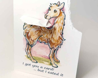 Llama card, funny message, custom greeting for farmer, farm animal notecard, hungry animal, handmade note card for kids, blank card