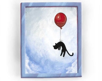 Black cat art, red balloon print, adventure time, blue sky, memorial gift for kitty owner, kitten sympathy, new pet, nursery artwork