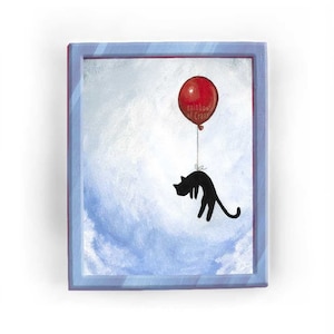 Black cat art, red balloon print, adventure time, blue sky, memorial gift for kitty owner, kitten sympathy, new pet, nursery artwork