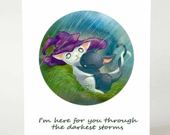 Sympathy card, deepest condolences for cat owner, witch art, rainy day, darkest storms, pet loss, hugs, here for you, animal notecard