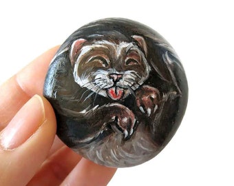 Ferret Portrait, Rock Art, Pet Painting, Memorial Gift for Animal Lover, Hand Painted Beach Stone, Sympathy Gift, Pet Loss, Funny Decor