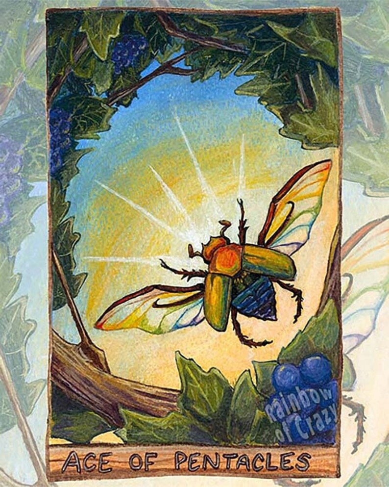May include: A colorful illustration of the Ace of Pentacles tarot card. The card features a green and gold beetle with iridescent wings flying against a bright yellow background. The beetle is surrounded by green leaves and a blue sky. The text "Ace of Pentacles" is written at the bottom of the card.