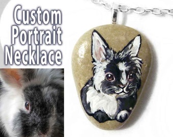 Custom Necklace, Pet Portrait, Rock Art, Rabbit Painting, Sympathy Gift for Cat Lover, Dog Memorial, Animal Artwork, New Pet Owner