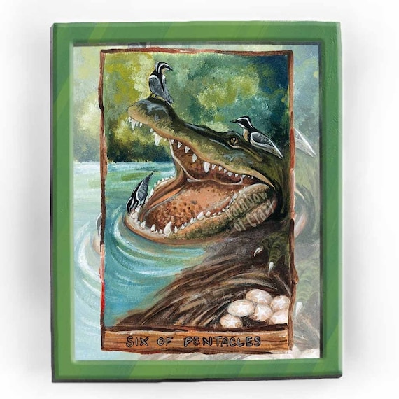 Alligator Print, Plover Bird Art, Six of Pentacles Card, Animism