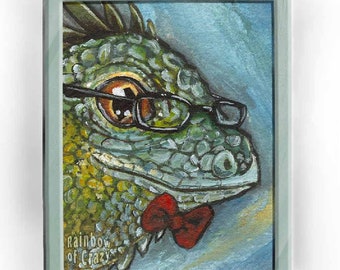 Iguana Art, Animal Print, Gift for Nerds, Hipster Decor, Exotic Pet Portrait, Eyeglasses Wall Art, Lizard Artwork
