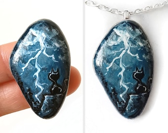 Black Cat Necklace, Lightning Bolt, Pet Painting, Hand Painted Rock Jewelry, Beach Stone Pebble Pendant, Gift for Pet Owners, Cat Art