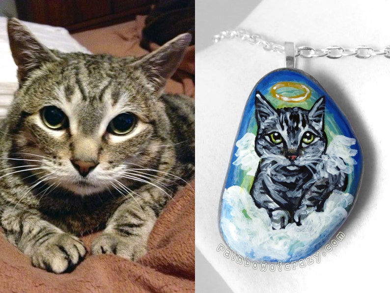 Custom Pet Jewelry, Angel Pet Necklace, Charm Pendant, Personalized Keepsake, Hand Painted Rock, Pet Memorial, Cat Painting, Dog Portrait image 2